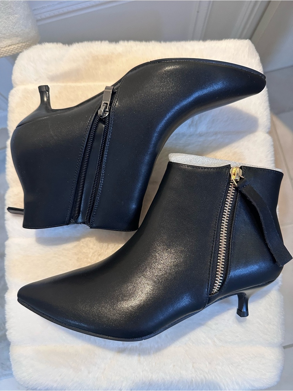 Black Pointed Ankle Booties with Side Zipper - Low Kitten Heel